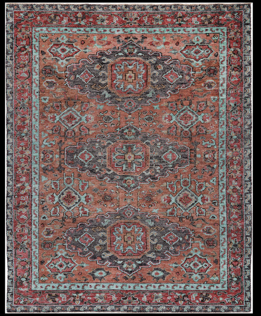 5' X 8' Red Orange And Blue Wool Floral Hand Knotted Distressed Stain Resistant Area Rug With Fringe