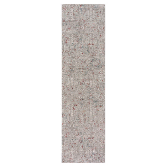 8' Gray Ivory Slate Blue And Wine Red Geometric Distressed Runner Rug