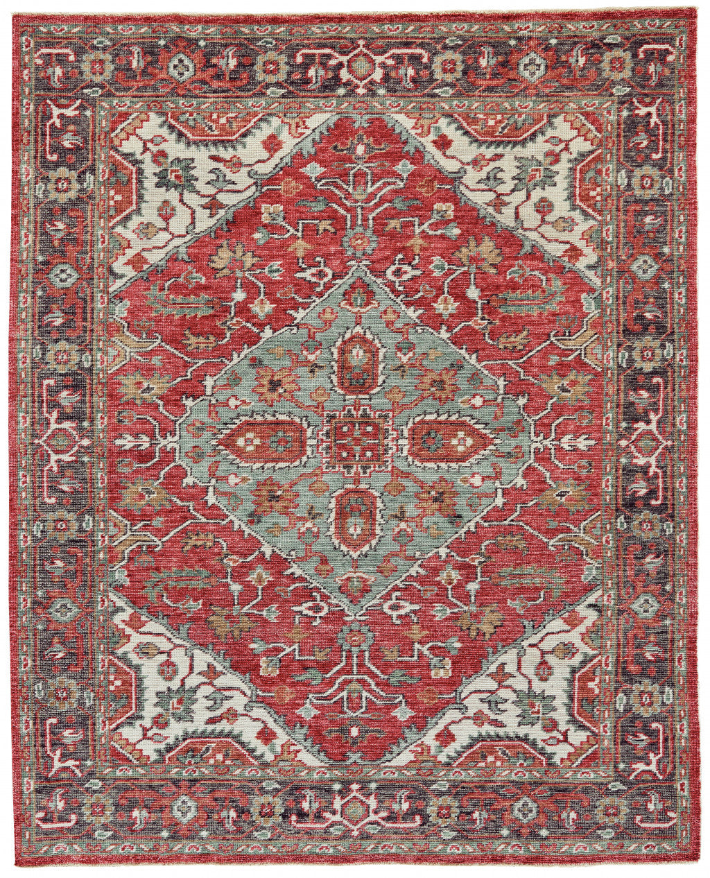 9' X 12' Red Gray And Ivory Wool Floral Hand Knotted Distressed Stain Resistant Area Rug With Fringe