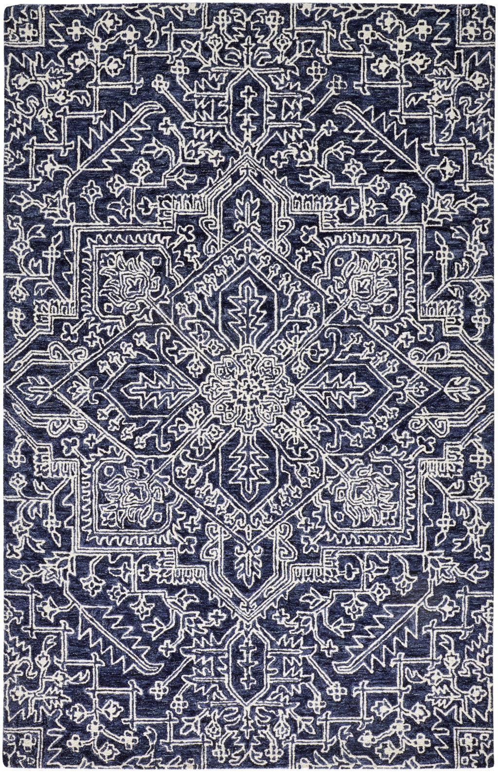 5' X 8' Blue And Ivory Wool Floral Tufted Handmade Stain Resistant Area Rug