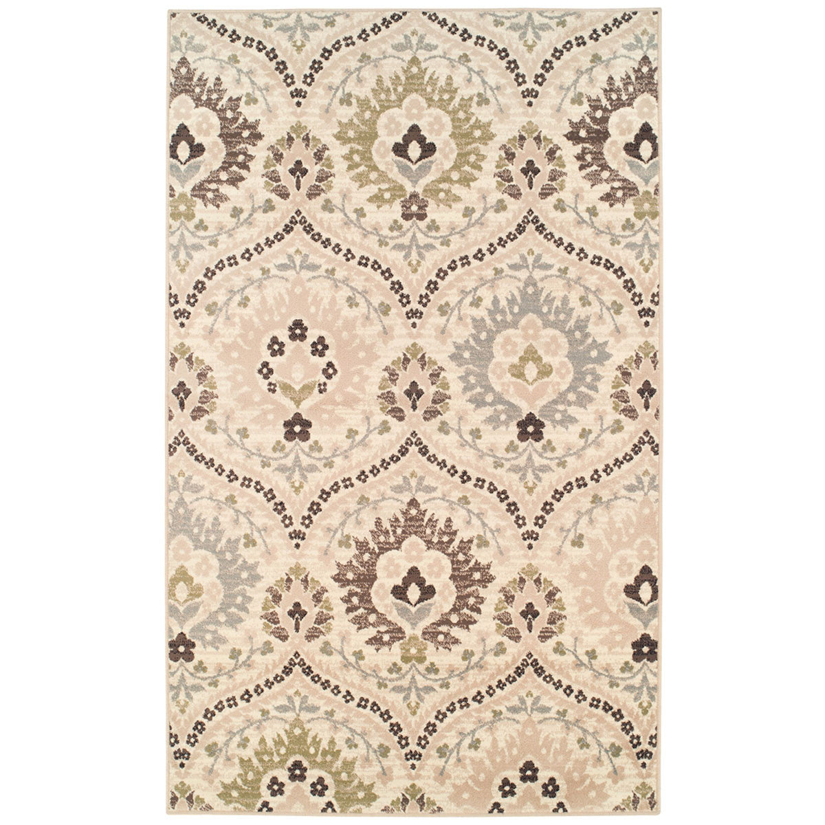 5' X 8' Ivory Gray And Olive Floral Stain Resistant Area Rug