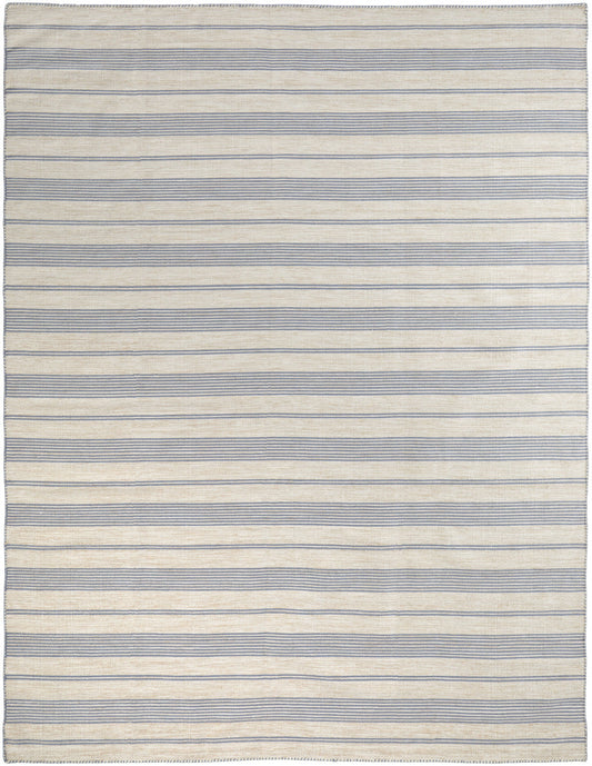 4' X 6' Blue Ivory And Tan Striped Dhurrie Hand Woven Stain Resistant Area Rug