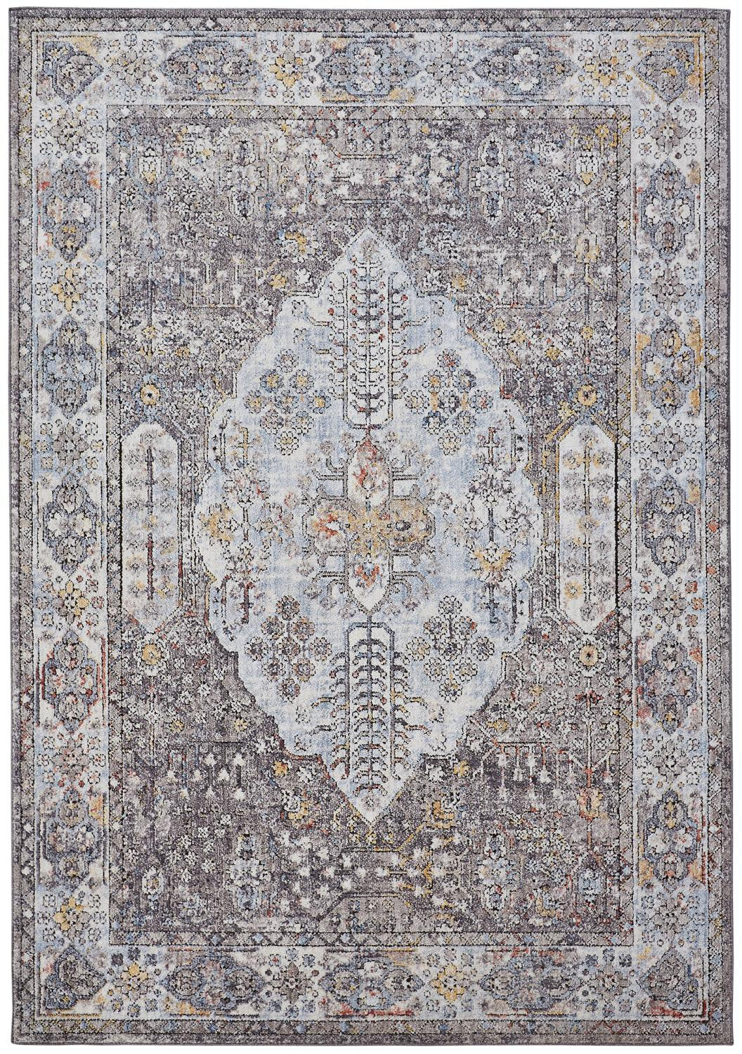 8' X 10' Gray Blue And Gold Floral Stain Resistant Area Rug