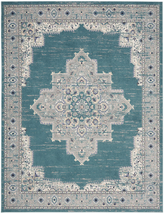 8' X 10' Aqua Floral Power Loom Distressed Area Rug