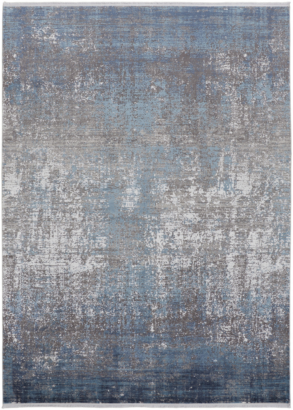 2' X 3' Blue Gray And Silver Abstract Power Loom Distressed Area Rug With Fringe