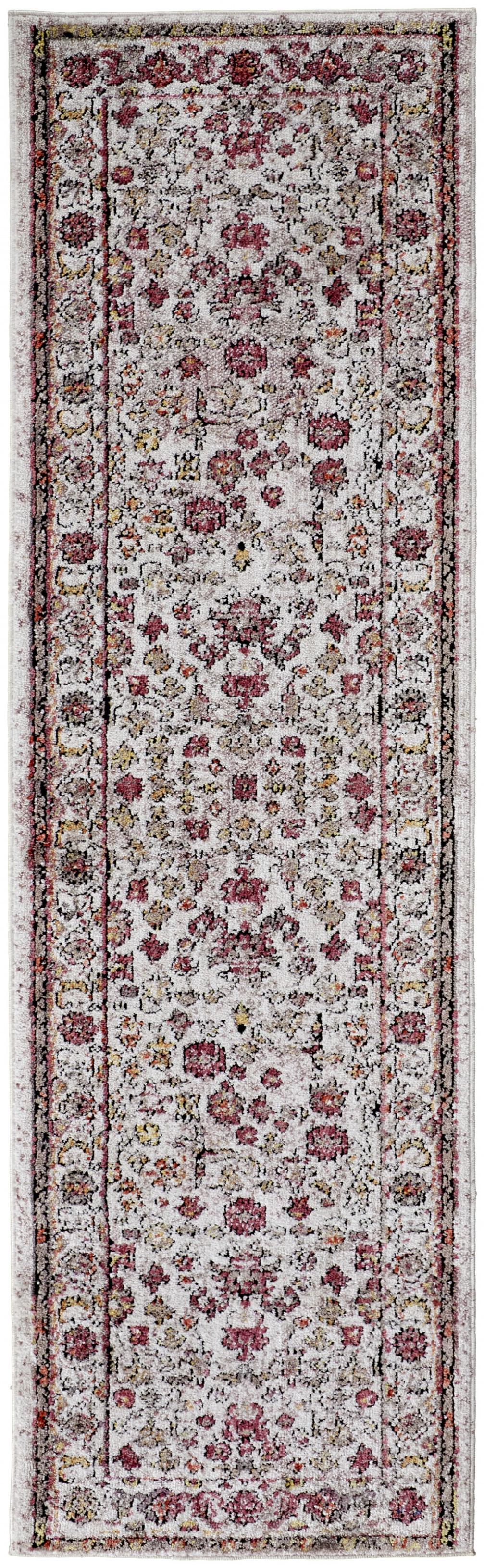 8' Ivory Pink And Gray Floral Stain Resistant Runner Rug