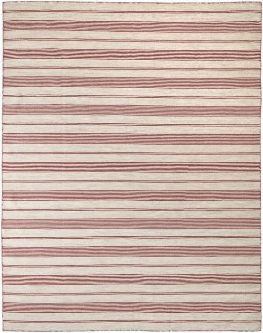 10' X 14' Red And Ivory Striped Dhurrie Hand Woven Stain Resistant Area Rug