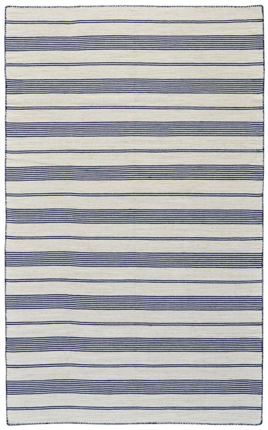 5' X 8' Blue And Ivory Striped Dhurrie Hand Woven Stain Resistant Area Rug