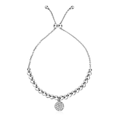 Adjustable Bead Bracelet with Round Charm and Cubic Zirconias in Sterling Silver