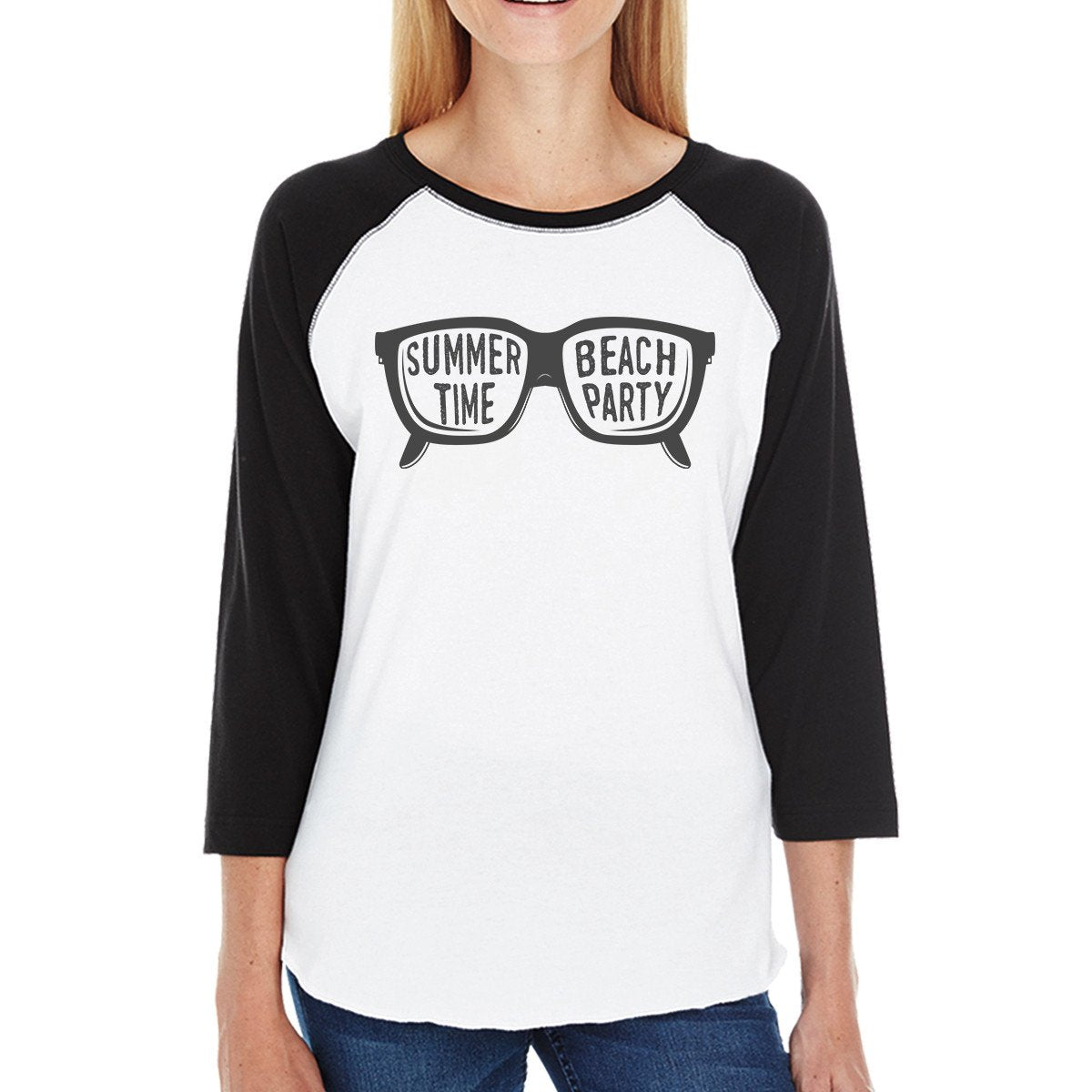 Summer Time Beach Party Womens Black And White Baseball Shirt