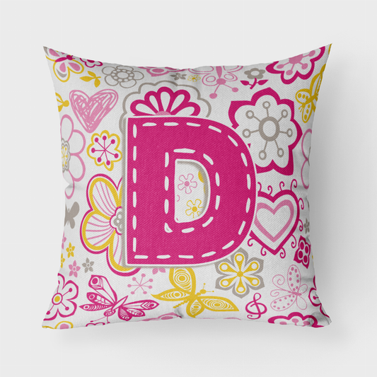 Letter Flowers and Butterflies Pink Fabric Decorative Pillow