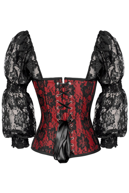 Top Drawer Red with Black Lace Steel Boned Long Sleeve Corset