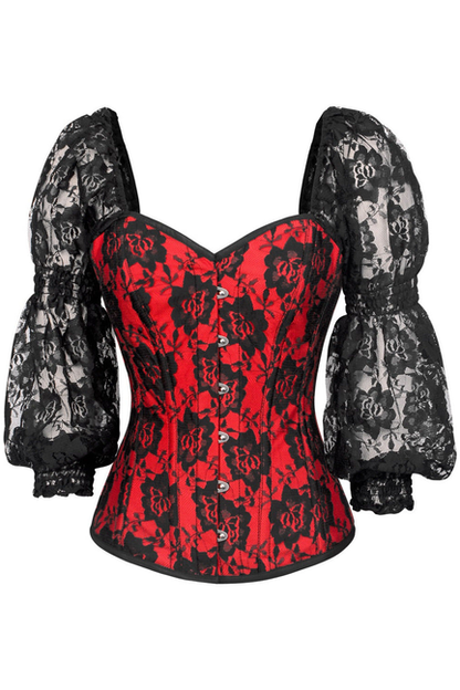 Top Drawer Red with Black Lace Steel Boned Long Sleeve Corset