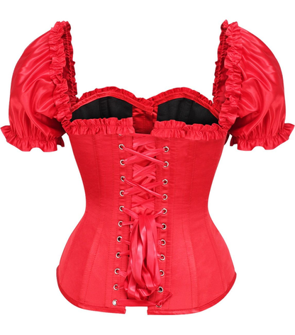 Top Drawer Steel Boned Red Satin Overbust Corset with Sleeves