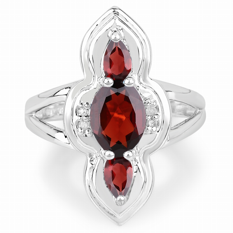 1.80 Carat Genuine Garnet and White Diamond .925 Sterling Silver Ring