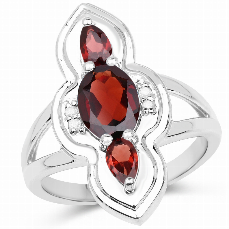 1.80 Carat Genuine Garnet and White Diamond .925 Sterling Silver Ring