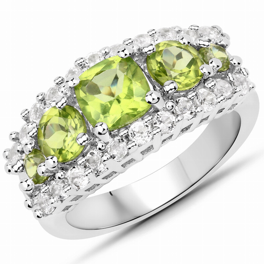 3.10 Carat Genuine Peridot and White Topaz .925 Sterling Silver Ring