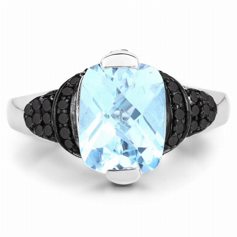 3.81 Carat Genuine Baby Swiss Blue Topaz, Black Diamond and White Diamond .925 Sterling Silver Ring