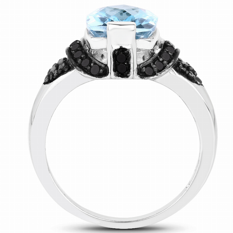 3.81 Carat Genuine Baby Swiss Blue Topaz, Black Diamond and White Diamond .925 Sterling Silver Ring