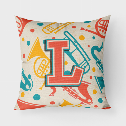 Letter Retro Teal Orange Musical Instruments Initial Fabric Decorative Pillow