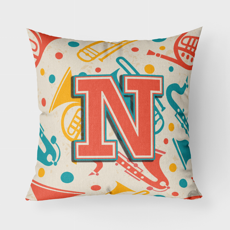 Letter Retro Teal Orange Musical Instruments Initial Fabric Decorative Pillow