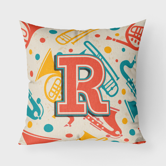 Letter Retro Teal Orange Musical Instruments Initial Fabric Decorative Pillow