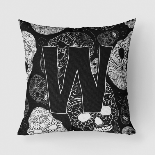 Letter Day of the Dead Skulls Black Fabric Decorative Pillow