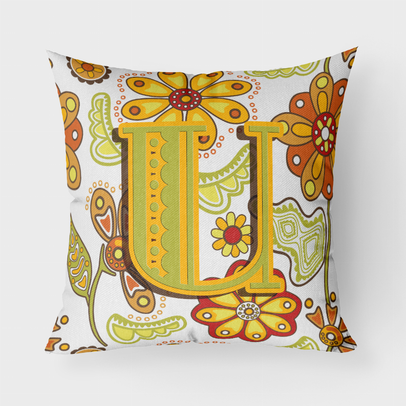 Letter Floral Mustard and Green Fabric Decorative Pillow