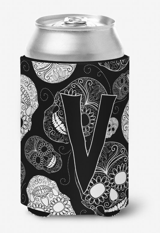 Monogram Letter Day of the Dead Skulls Black Can or Bottle Hugger