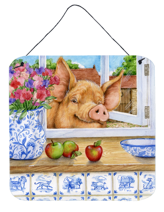 Pig trying to r the Apple in the Window  Wall or Door Hanging Prints