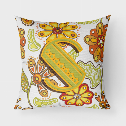 Letter Floral Mustard and Green Fabric Decorative Pillow