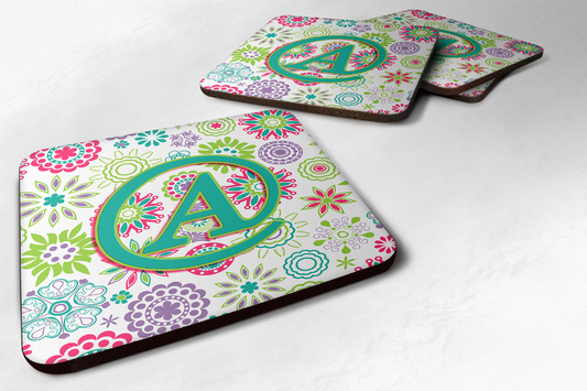 Letter Flowers Initial Foam Coaster Set of 4