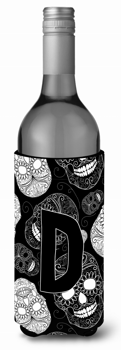 Monogram Letter Day of the Dead Skulls Black Wine Bottle Hugger