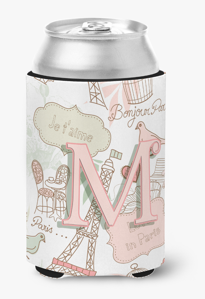 Monogram Letter Love in Paris Pink Can or Bottle Hugger