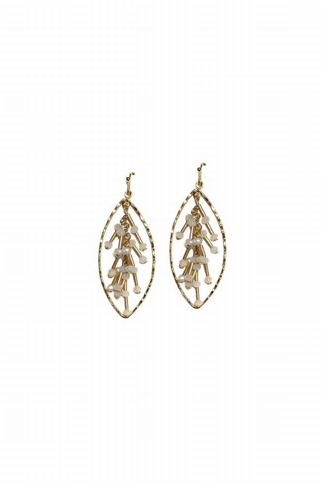 Gold Oval Hoop Dangle Earring with White Crystal Bead Drops