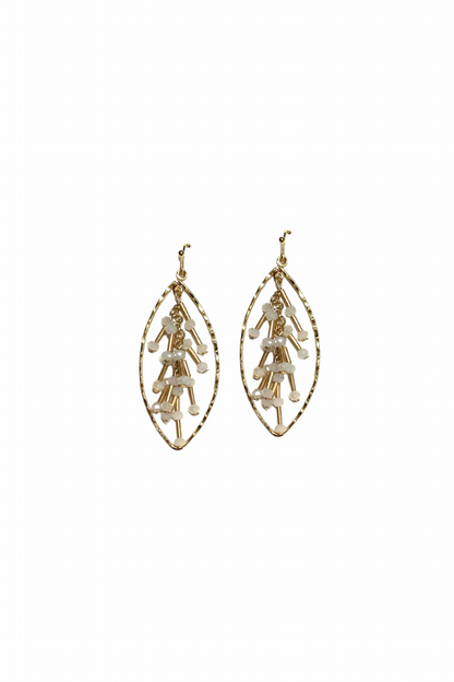 Gold Oval Hoop Dangle Earring with White Crystal Bead Drops