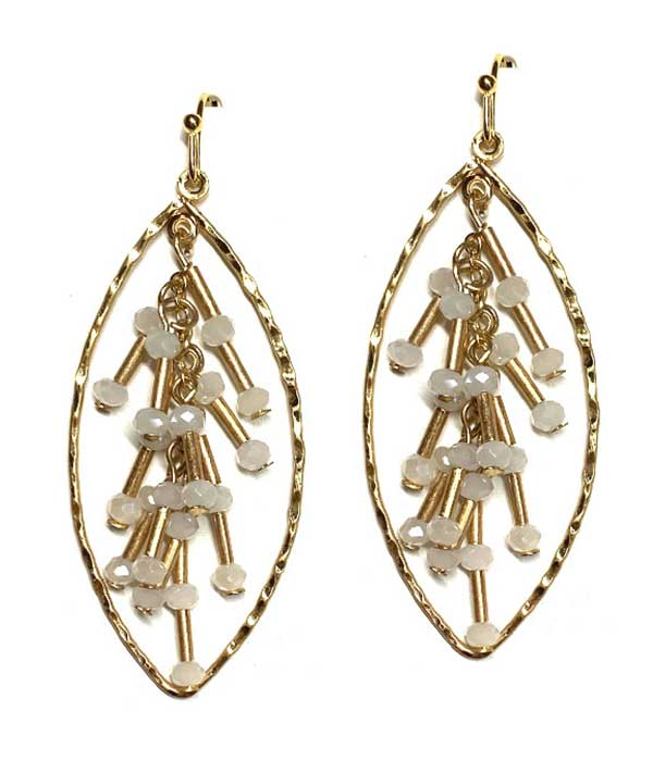 Gold Oval Hoop Dangle Earring with White Crystal Bead Drops