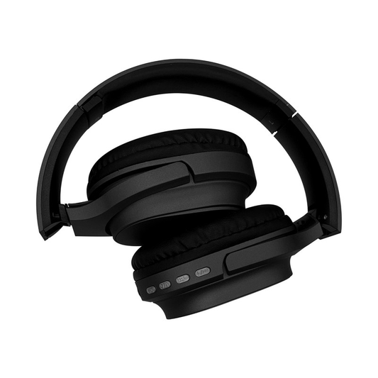 Black Bluetooth Headphone with black soft comfort padding & Chrome Silver Buttons with compact folding design