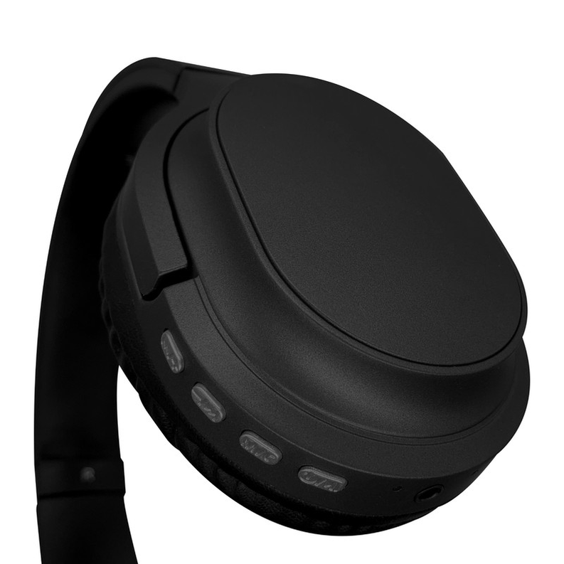 Black Bluetooth Headphone with black soft comfort padding & Chrome Silver Buttons with compact folding design