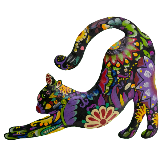 Small Painted Floral Stretching Cat