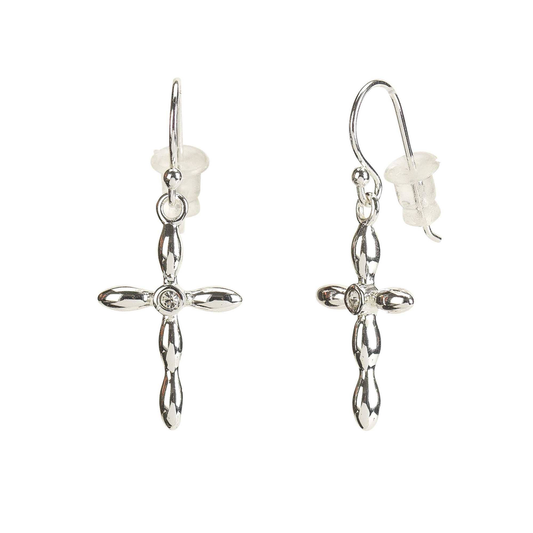 Earrings Silver Pl Petal Cross W/Crystal