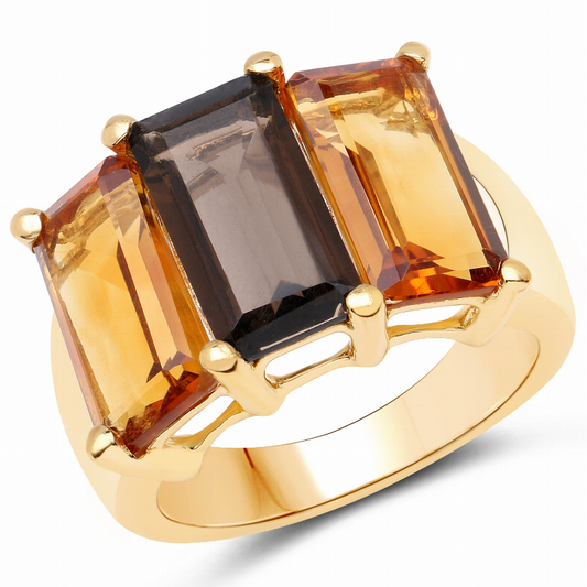 14K Yellow Gold Plated 8.14 Carat Genuine Smoky Quartz, Citrine and Champagne Quartz .925 Sterling Silver Ring