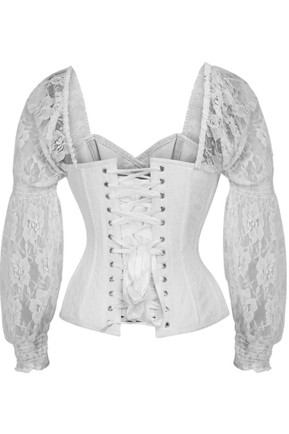 Top Drawer White with White Lace Steel Boned Long Sleeve Corset