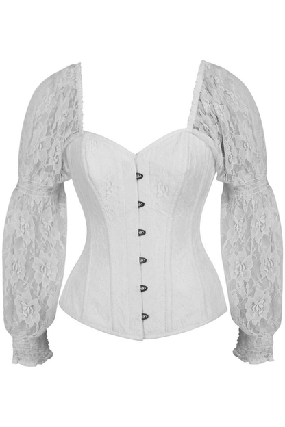 Top Drawer White with White Lace Steel Boned Long Sleeve Corset