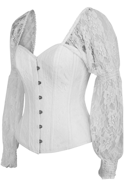 Top Drawer White with White Lace Steel Boned Long Sleeve Corset