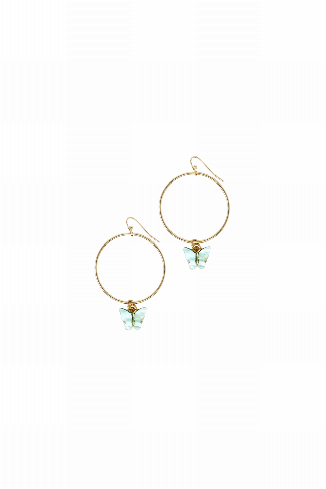 Blue Butterfly Charm Gold Hoop Earring