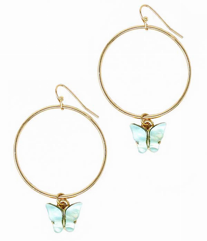 Blue Butterfly Charm Gold Hoop Earring