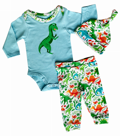 AnnLoren Baby Layette Boys Dinosaur Long Sleeve Onesie Pants Cap 3pc Gift Set