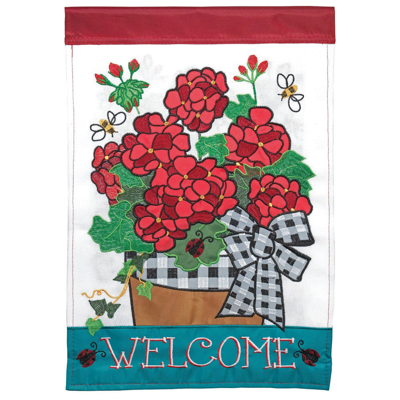 Welcome Geraniums Double Applique Garden Flag