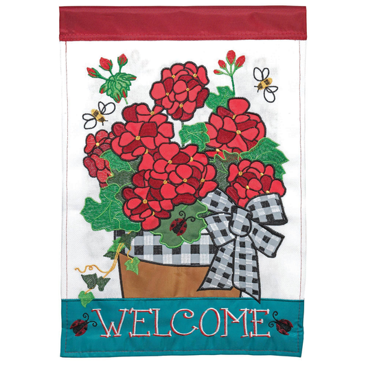 Welcome Geraniums Double Applique Garden Flag